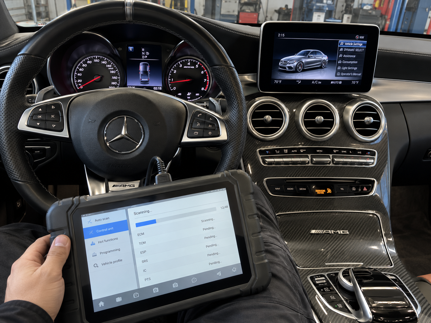 Professional automotive workshop with diagnostic equipment